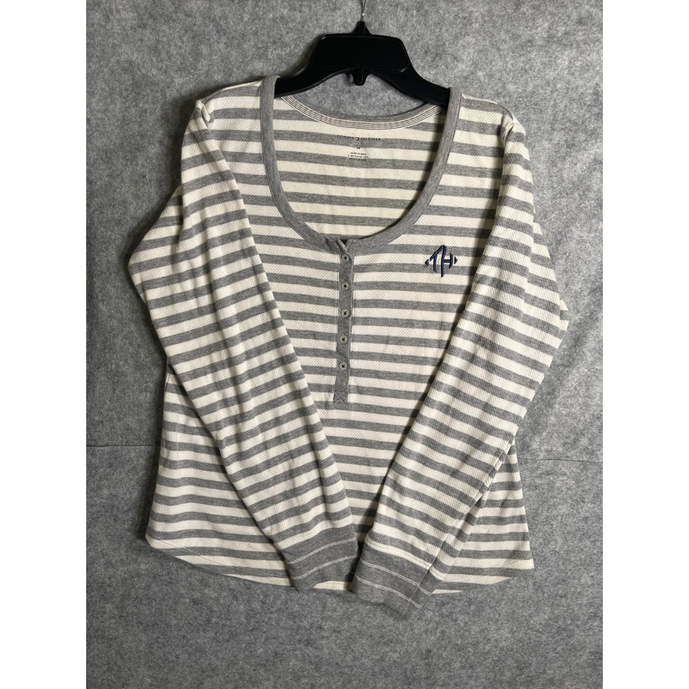 Tommy‎ Hilfiger Womens Grey White Striped Waffle Knit Henley Top Size M